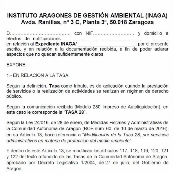 Carta del INAGA para la actualización del MTD: Documento de prórroga de la encuesta